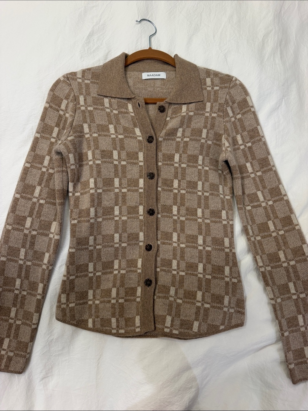 NAADAM Taupe and Cream Checkered Button-Up Wool Cardigan